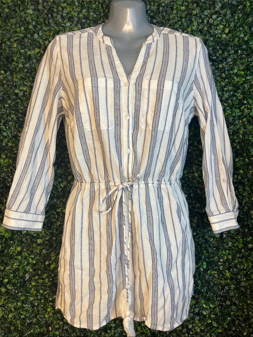 Charter Club White and Navy Striped Long Sleeve Drawstring Shirt Dress